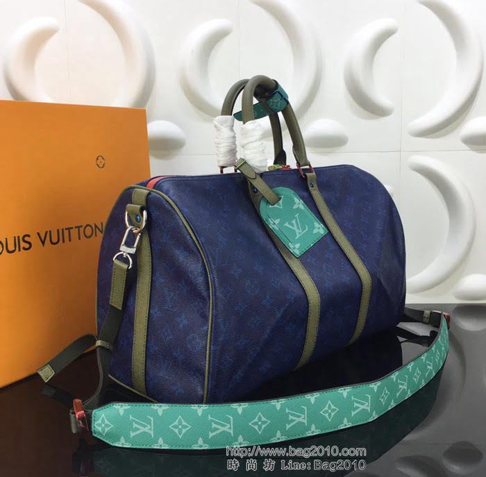 路易威登LV 頂級原單 2018春夏時裝展新品 M43855 KEEPALL45B旅行袋 海藍色Monogram帆布搭配Taiga皮革 可手提肩背包  YDH2362